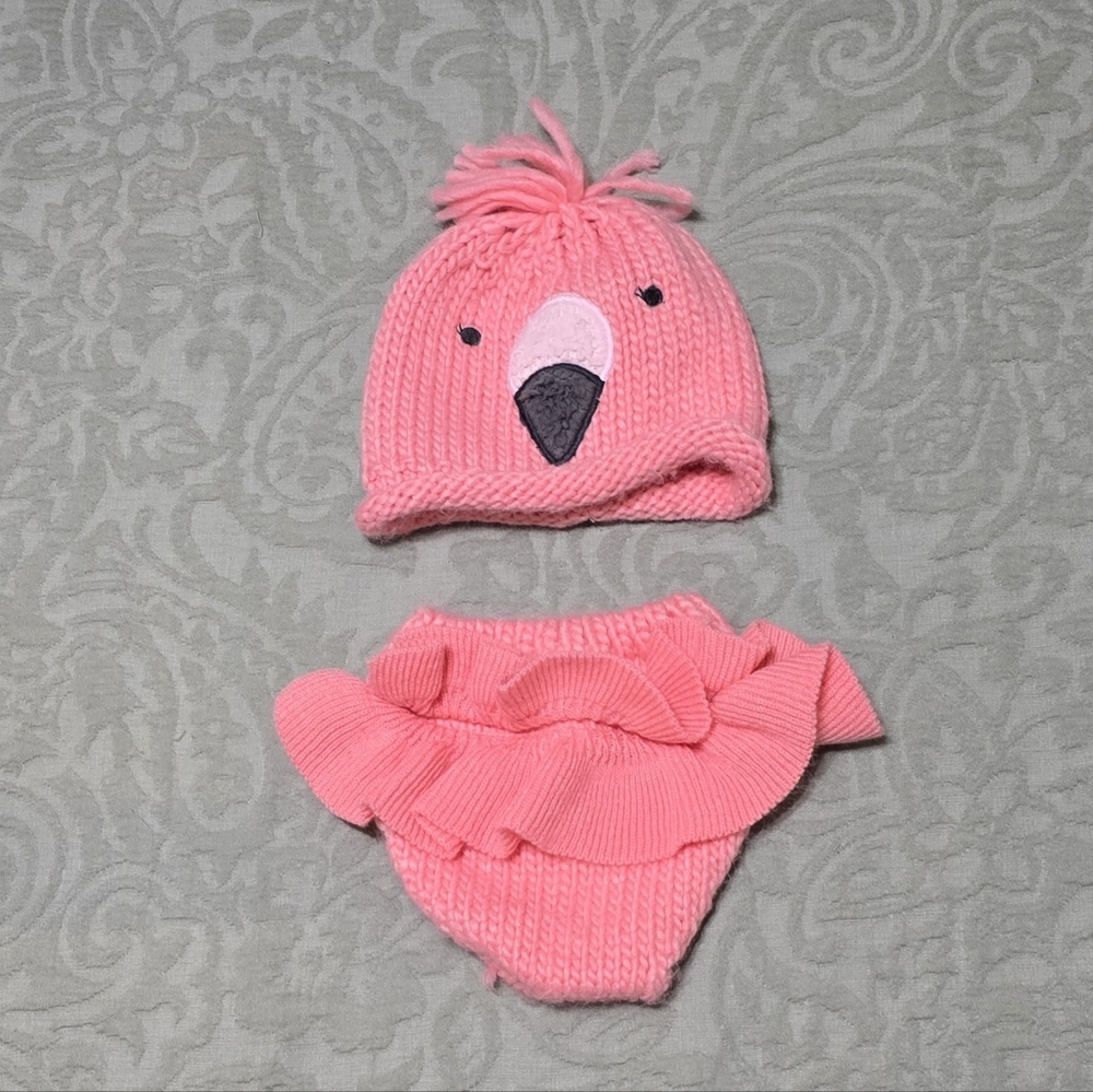 Pink Flamingo Knit Hat and Diaper Cover Set